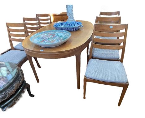 Teak eight piece dining suite comprising long john sideboard, 80cm by 206cm by 45.5cm, oval extending dining table with integ