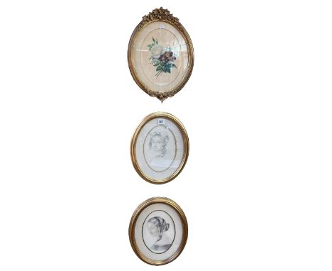 Pair gilt framed oval portrait drawings and gilt framed oval floral print (3).