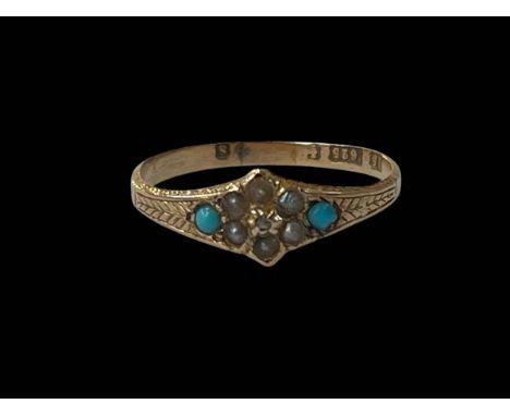 Turquoise and seed pearl 15 carat gold ring, size R/S.