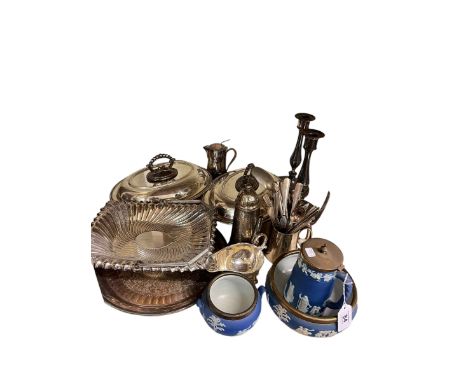 Assorted silver plate including pair of tureens and pair of candlesticks, Blue Jasperware jug and two bowls, etc.
