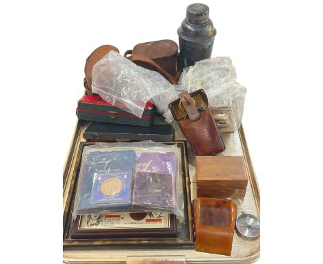 Tray of collectables including binoculars, coins, postcards, Harmonica, compass, etc.