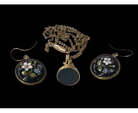 Pair enamel earrings and a fob on chain (2).