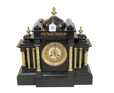 Large slate and brass pillared mantel clock with brass and enamel dial.