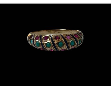 Turquoise, ruby and blue enamel gold ring, tested for 14 carat, size P.