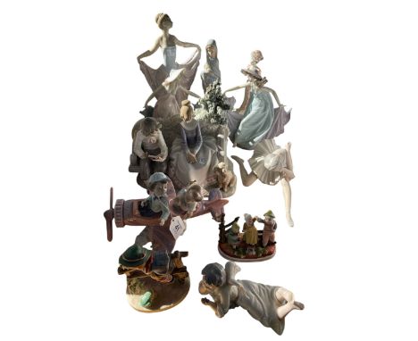 Seven Lladro groups and figures, Coalport figure, Hummel figure, etc.