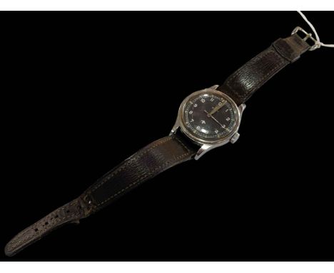 Omega stainless steel British Military 'Fat Arrow' RAF Pilots mechanical wristwatch with black dial and white Arabic numerals