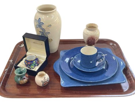 Moorcroft cup, saucer and plates, blue Campanula vase, boxed enamel vase, small vase, Macintyre small vase and Macintyre vase