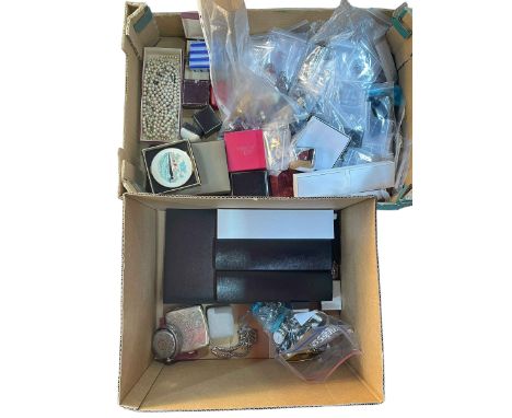 Two boxes of wristwatches, jewellery, silver cigarette case, bangle and picket watch, etc.