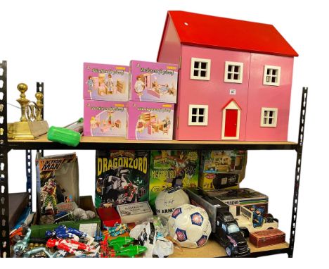 Dolls house, Anna and Beck dolls furniture, Power Rangers and Action Man figures, children's annuals, signed football, etc.