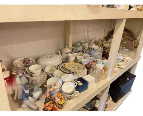 Three gilt mirrors, assorted china and glass, Coalport, Royal Doulton, Nao and Hummel figures, etc.