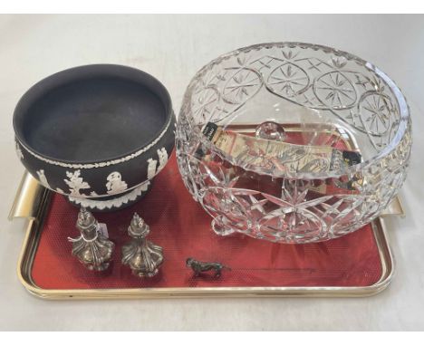 Large glass fruit bowl, Wedgwood black Jasperware pedestal bowl, silver pepperettes and small silver Dachshund.
