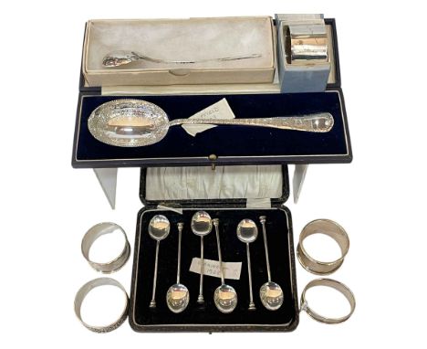Edwardian silver serving spoon, Sheffield 1903, five silver napkin rings, six silver coffee spoons, and George Unite spoon.