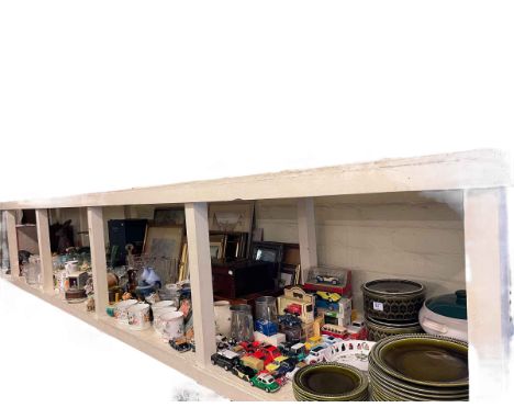 Full shelf of glass, china, 78 records, pictures, model vehicles, ornaments, etc.