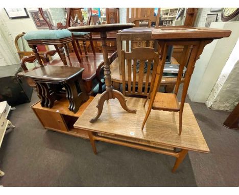 Mid Century teak extending coffee table, mosaic topped plant stand, antique circular mahogany tripod occasional table, Ercol 