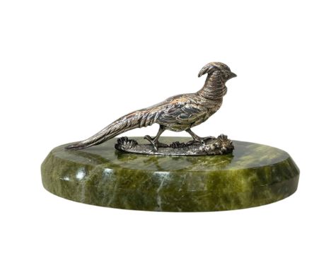 Silver pheasant on green onyx base, probably by S. Mordan & Co, London 1899, 14cm across base.