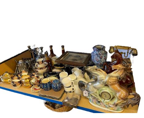 Collection of china including horse ornaments, Ringtons Chintz jugs, two Bells whisky decanters, Dimple whisky, teawares, ony