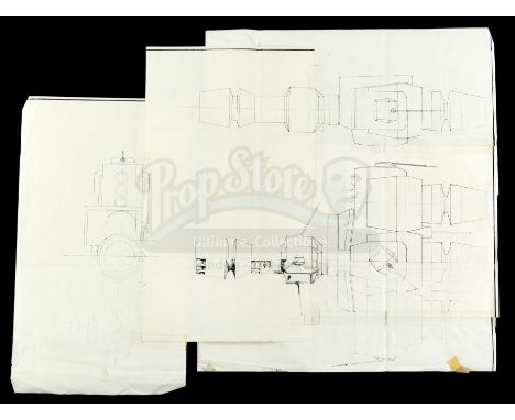 A black-and-white Pirate Ship (Millennium Falcon) concept print from the production of George Lucas' Star Wars: A New Hope. T