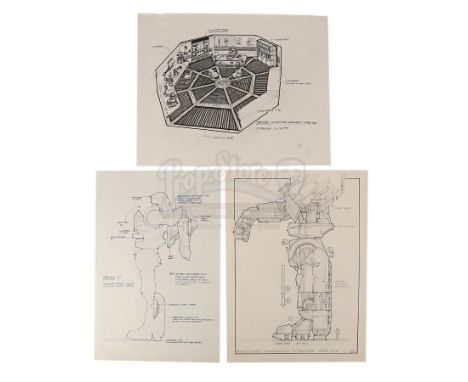 A set of hand-drawn concept artwork by Ron Cobb and Steve Burg from Stuart Gordon's sci-fi thriller Robot Jox. In a dystopian