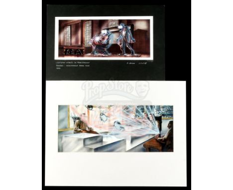 A pair of printed concept illustrations with hand-painted details from the production of Ivan Reitman's action-comedy sequel 