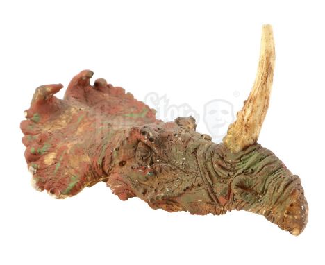 A single-horned dinosaur puppet head from the production of Phil Tippett's stop-motion short film Prehistoric Beast. A docile
