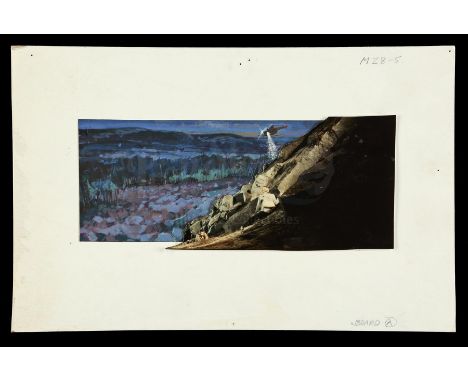 A hand-painted Devil's Tower base shot concept illustration from the production of Steven Spielberg's sci-fi film Close Encou