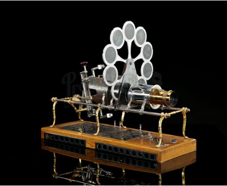A Sciopticon magic lantern with revolving discs and transport chest from the Pettibone Manufacturing Company. The Sciopticon 