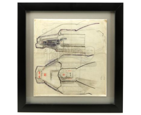 A framed hand-drawn Ron Cobb Nostromo cockpit concept sketch from the production of Ridley Scott's sci-fi horror film Alien. 