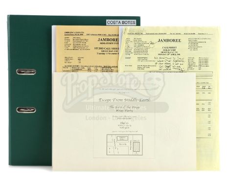 A set of production paperwork with a hand-signed wrap party invitation from the productions of Peter Jackson's The Lord of th