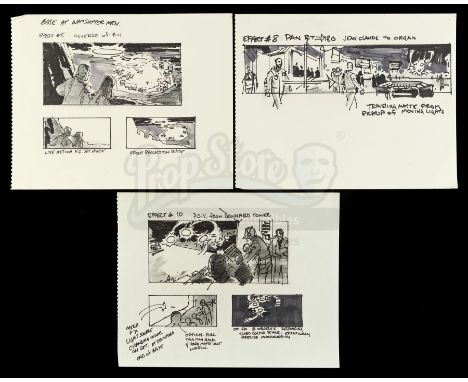 A set of hand-drawn George Jenson landing site visual effects storyboards from the production of Steven Spielberg's sci-fi fi