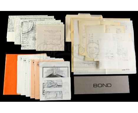 A set of production blueprints, storyboards, and a crew placard from Irvin Kershner's James Bond film Never Say Never Again. 