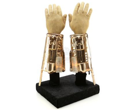 Skeletor's (Frank Langella) light-up goldtone gauntlets from Gary Goddard's fantasy adventure Masters of the Universe. After 