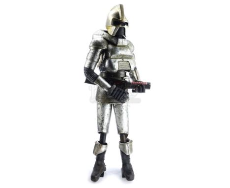A full-size Cylon animatronic figure from the Battle of Galactica theme-park attraction at Universal Studios Hollywood. As pa