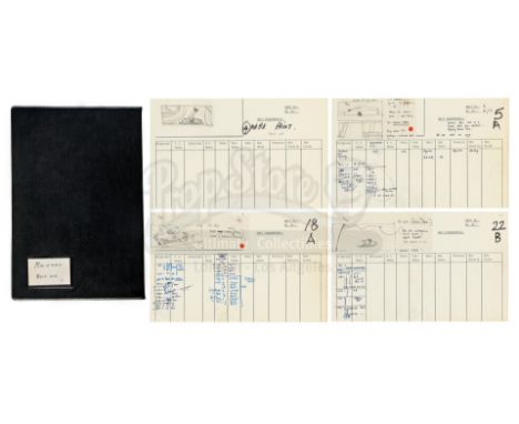 Hand-drawn Ridley Scott "Ridleygram" miniatures storyboards and a shot list from Scott's sci-fi horror film Alien. Director S