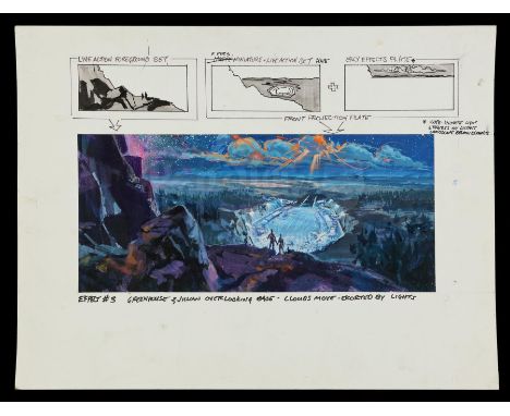 A hand-painted George Jenson landing site production illustration from Steven Spielberg's sci-fi film Close Encounters of the