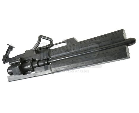 A stunt Terminator plasma minigun from Alan Taylor's 2015 sci-fi action sequel Terminator Genisys. Terminators used plasma mi