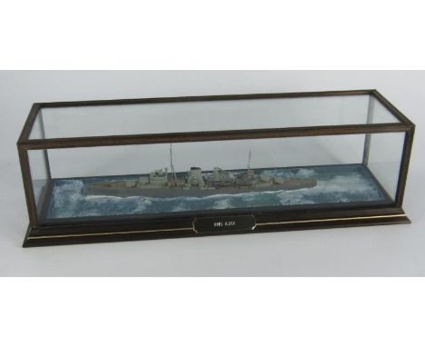 A scale model of the leander light cruiser HMS Ajax, cased with name plate, 43 x 13½ x 12cm.