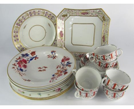 Three Flight Barr & Barr Worcester porcelain soup plates, painted with flowers, two Crown Derby plates painted with roses, si