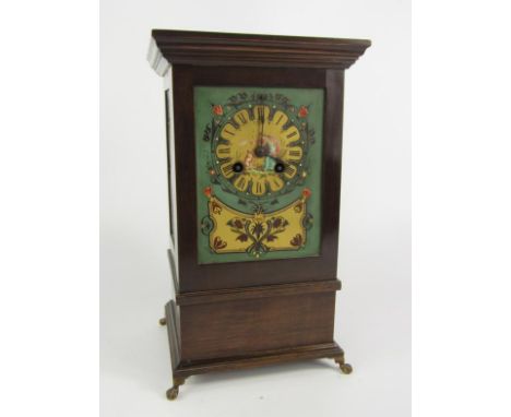 A French mahogany cased mantel clock, early 20thC, rectangular painted and jewelled porcelain dial bearing Roman numerals, si