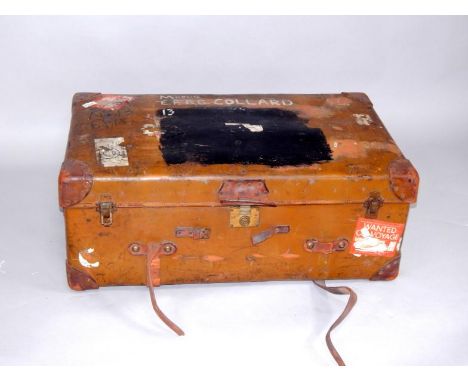 An Orient Make tan leather cabin trunk, bearing partial luggage labels, named to Major E F G B Collard, 92cm high.