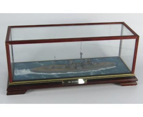 A scale model of the battleship HMS Dreadnought, cased with name plate, 40½ x 15½ x 17cm.