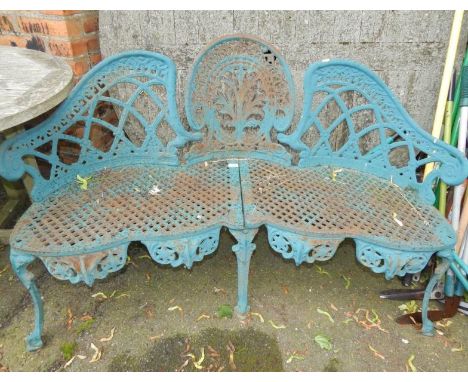 A Coalbrookdale style turquoise Romanesque style cast iron three seater garden bench, 138cm long.