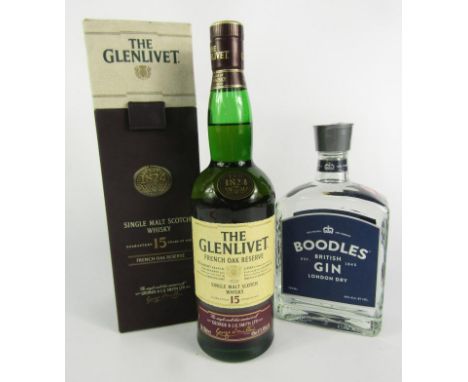 A bottle of Boodles Gin, and a Bottle of Glenlivet single malt Whiskey French oak reserve, aged 15 years. (2)