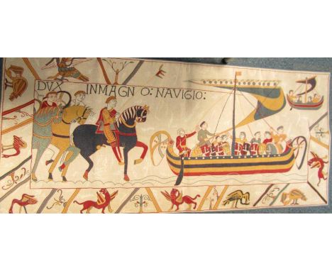A tapestry wall hanging section of The Bayeux Tapestry,  William The Conqueror and others on horseback, and a Galley, within 