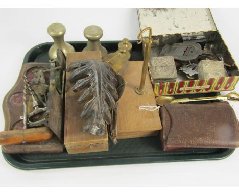 Two sets of scales, further scales, corkscrews, five brass weights, cased drawing instruments, leather cigar case and sundry 