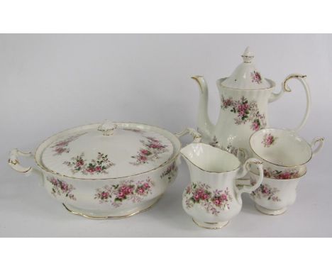 A Royal Albert porcelain part dinner and tea service, decorated in the Lavender Rose pattern, comprising vegetable tureen and