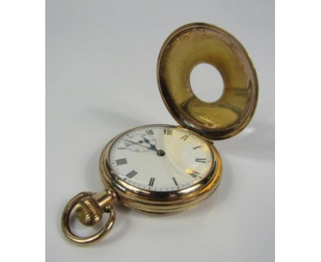 A Dennison gold plated gentleman's half hunting cased pocket watch, keyless wind, enamel dial, bearing Roman numerals, subsid