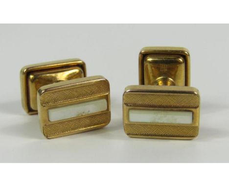 A pair of Murrat textured yellow metal and mother of pearl cufflinks, stamped marks, 5.9g.