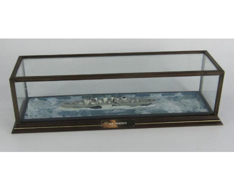 A scale model of the mine layer HMS Manxman, cased with name plate, 43½ x 14 x 12cm.