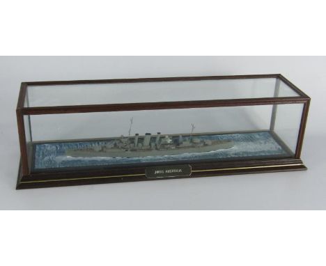 A scale model of the battle cruiser HMAS Australia, cased with name plate, 44½ x 13½ x 12cm.