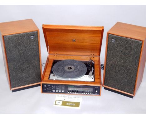 A Dynatron GL78 teak cased record player, with a Lenco Golding turntable and a pair of speakers, with instructions.